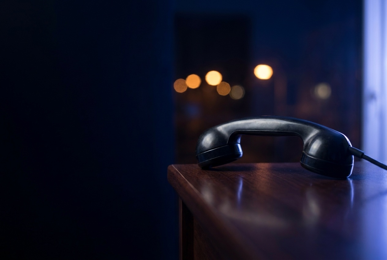 A telephone handset off its cradle on a counter at night, a lit street out of focus behind it