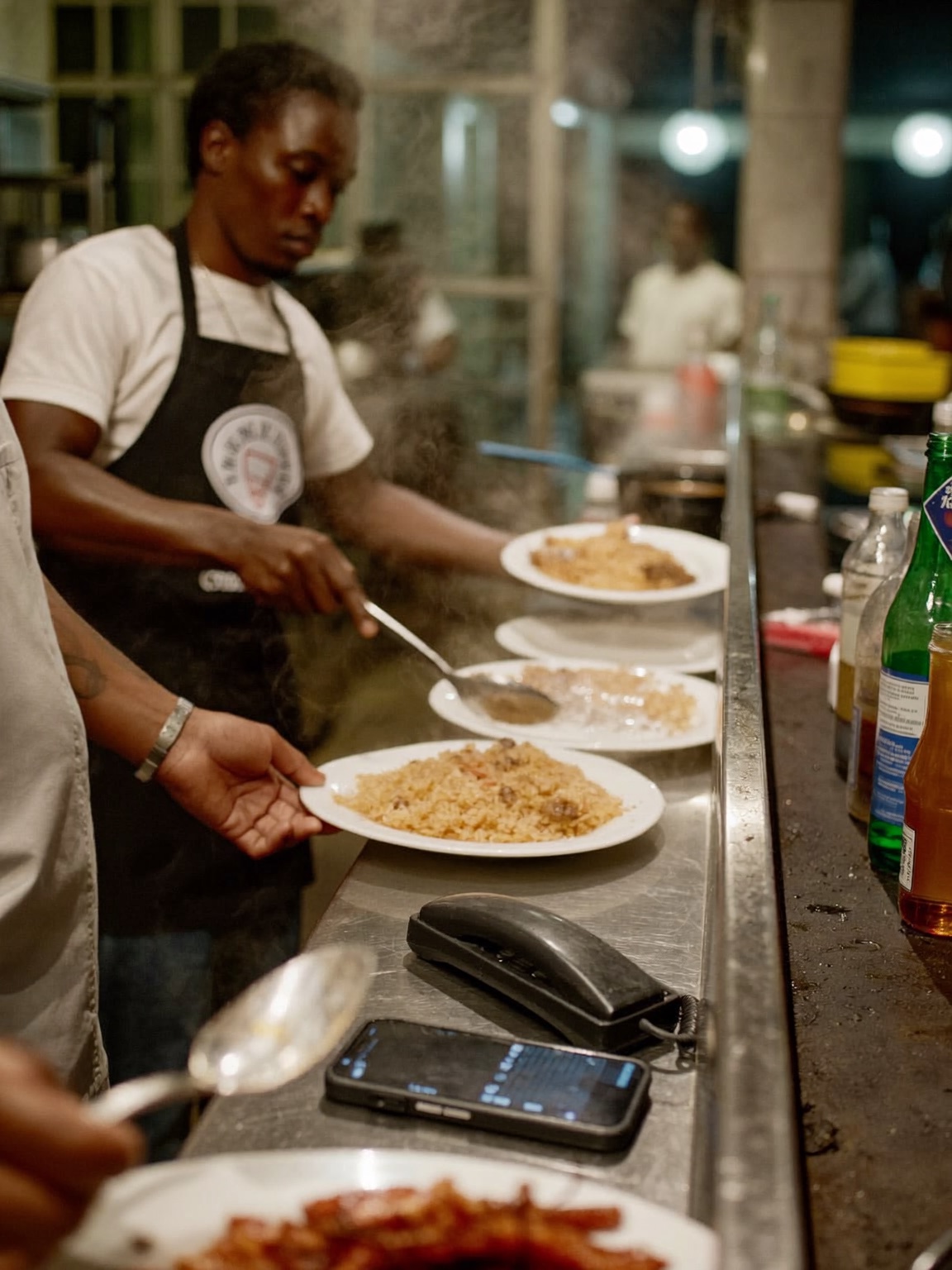 Chef plating during dinner rush as a phone rings