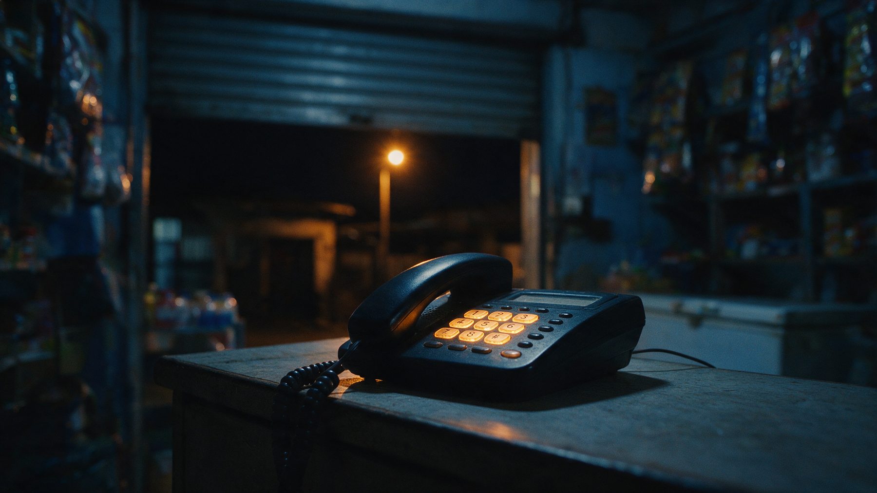A desk phone ringing on the counter of a shop that has already closed for the night