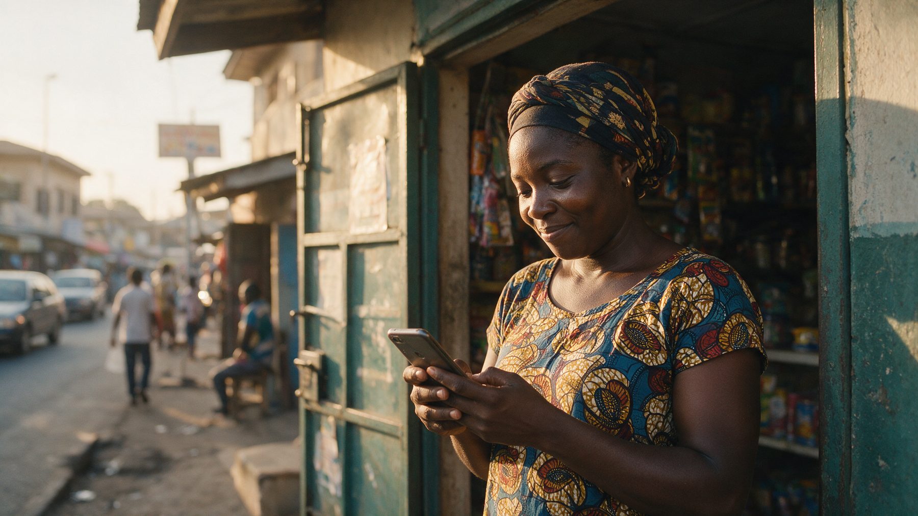 A shop owner reading the morning summary on her phone as she opens up