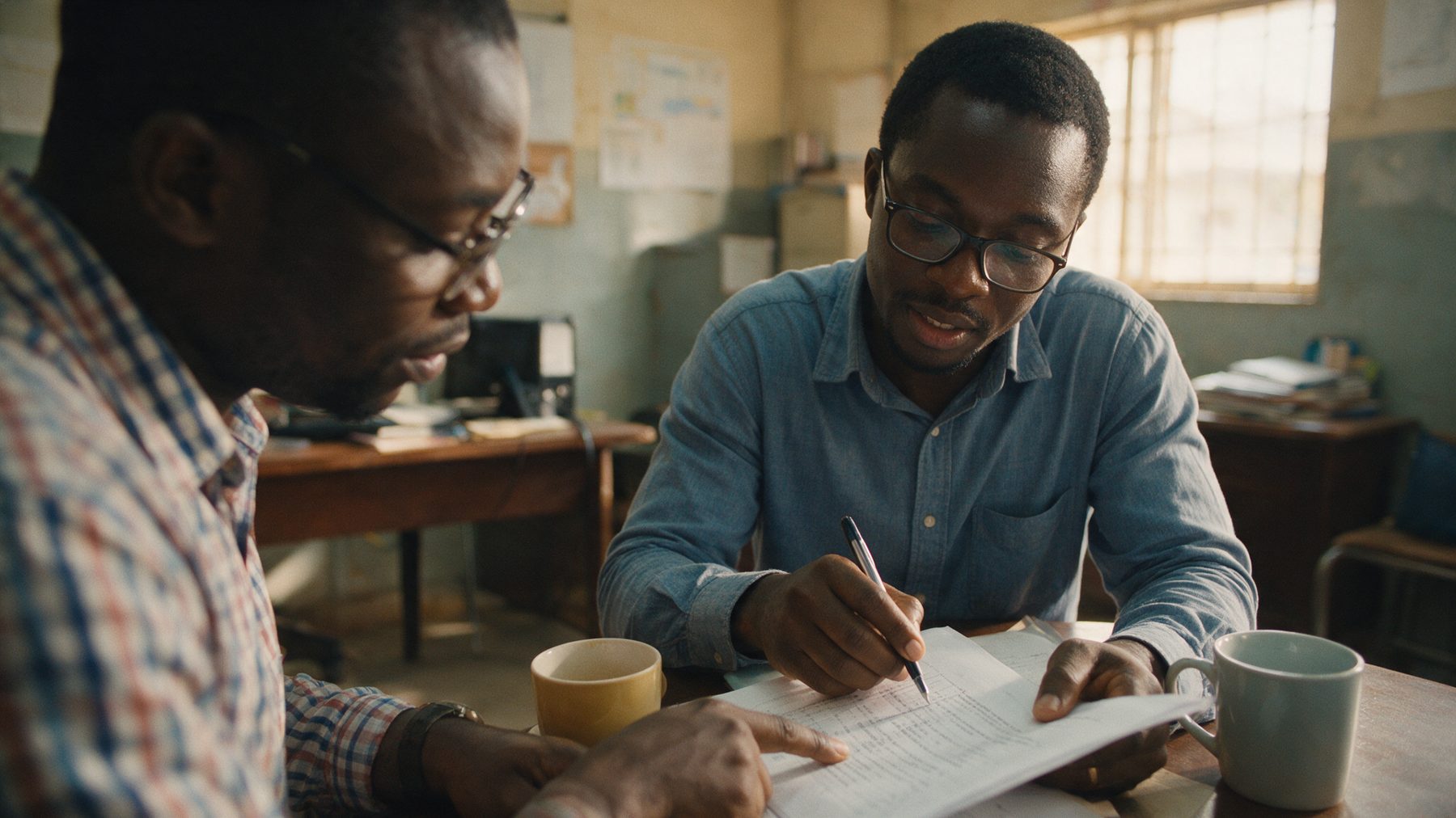 Two people reading a printed script together, one marking a line with a pen