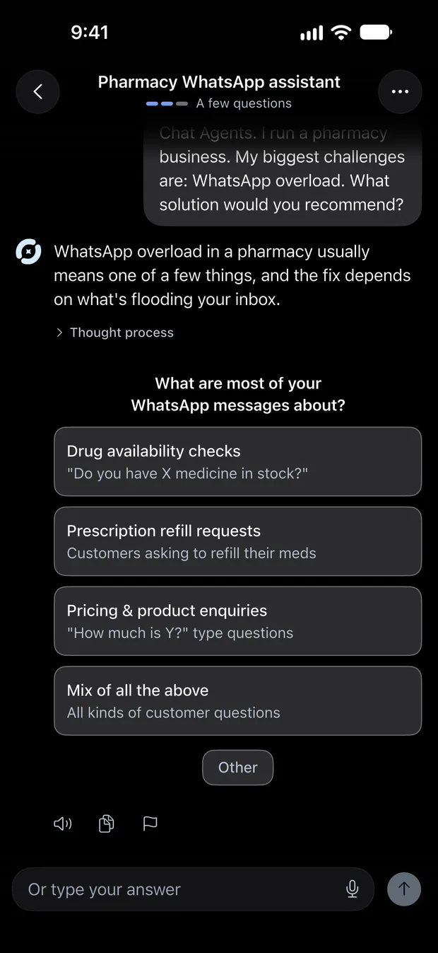 The Owlake advisor asking a pharmacy owner what most of their WhatsApp messages are about, with answers to pick from: stock checks, refill requests, pricing questions.