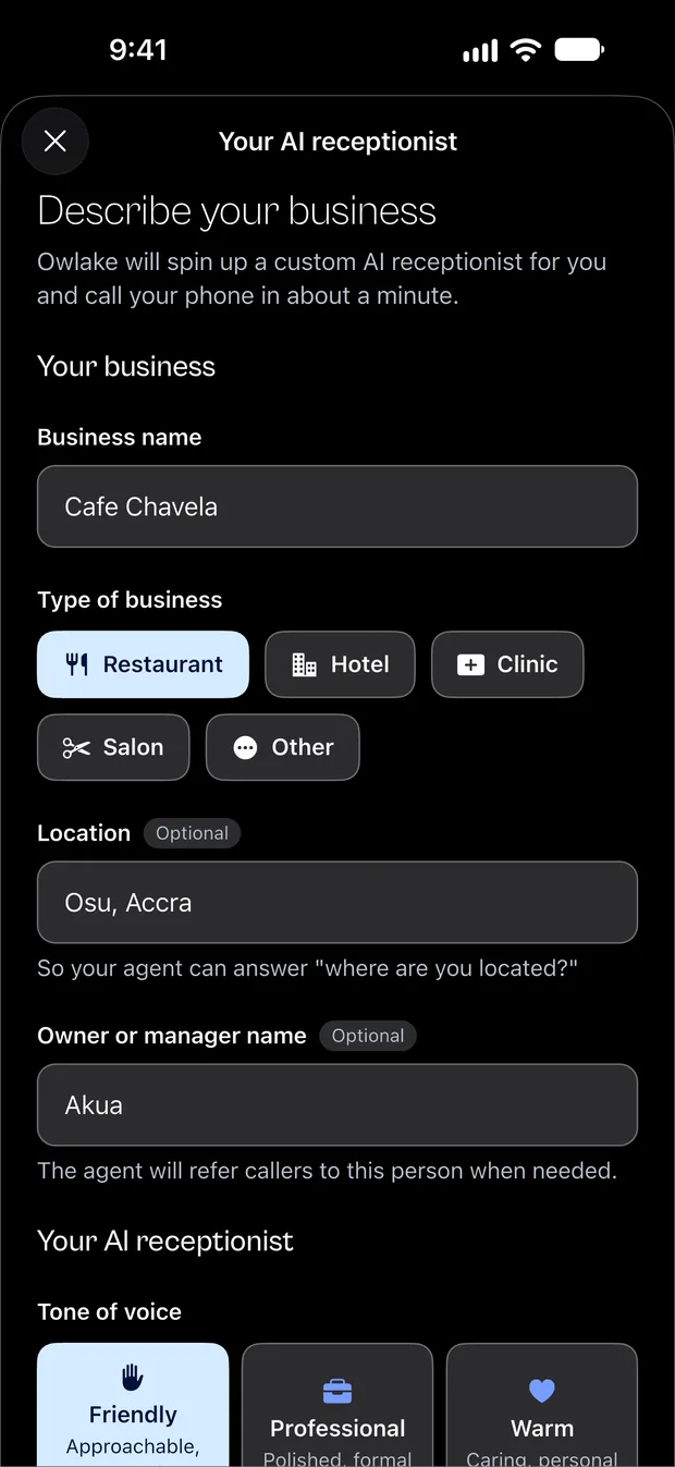 The Owlake app's AI receptionist screen.