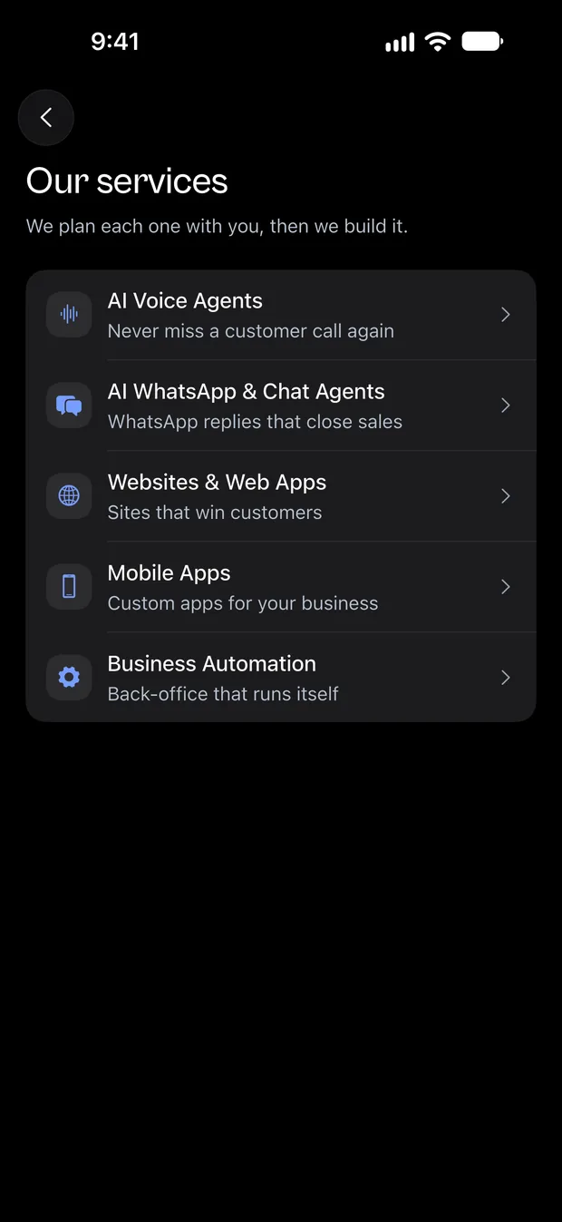 Owlake app, our services screen