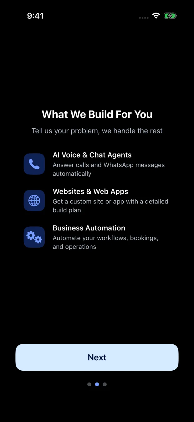 The Owlake app listing what it builds: AI voice and chat agents, websites and web apps, and business automation