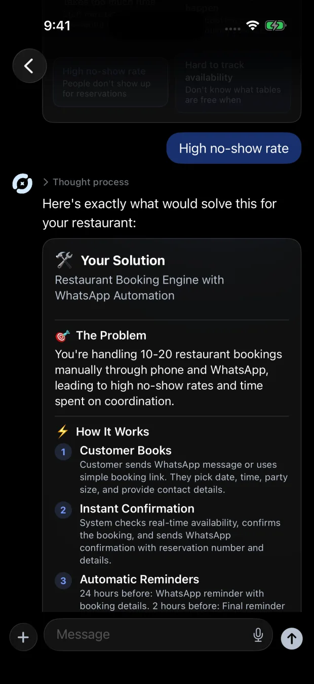 A solution plan inside the Owlake chat, with costs and a component breakdown