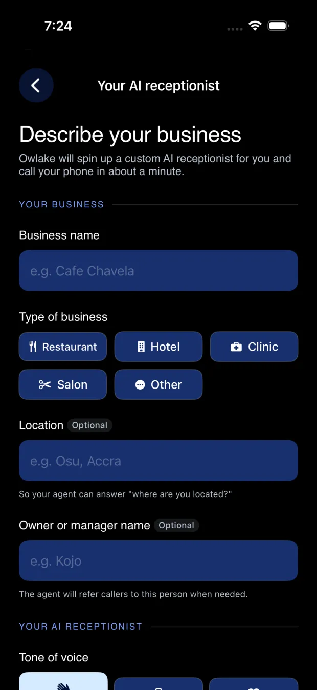 The Owlake app's AI receptionist screen.