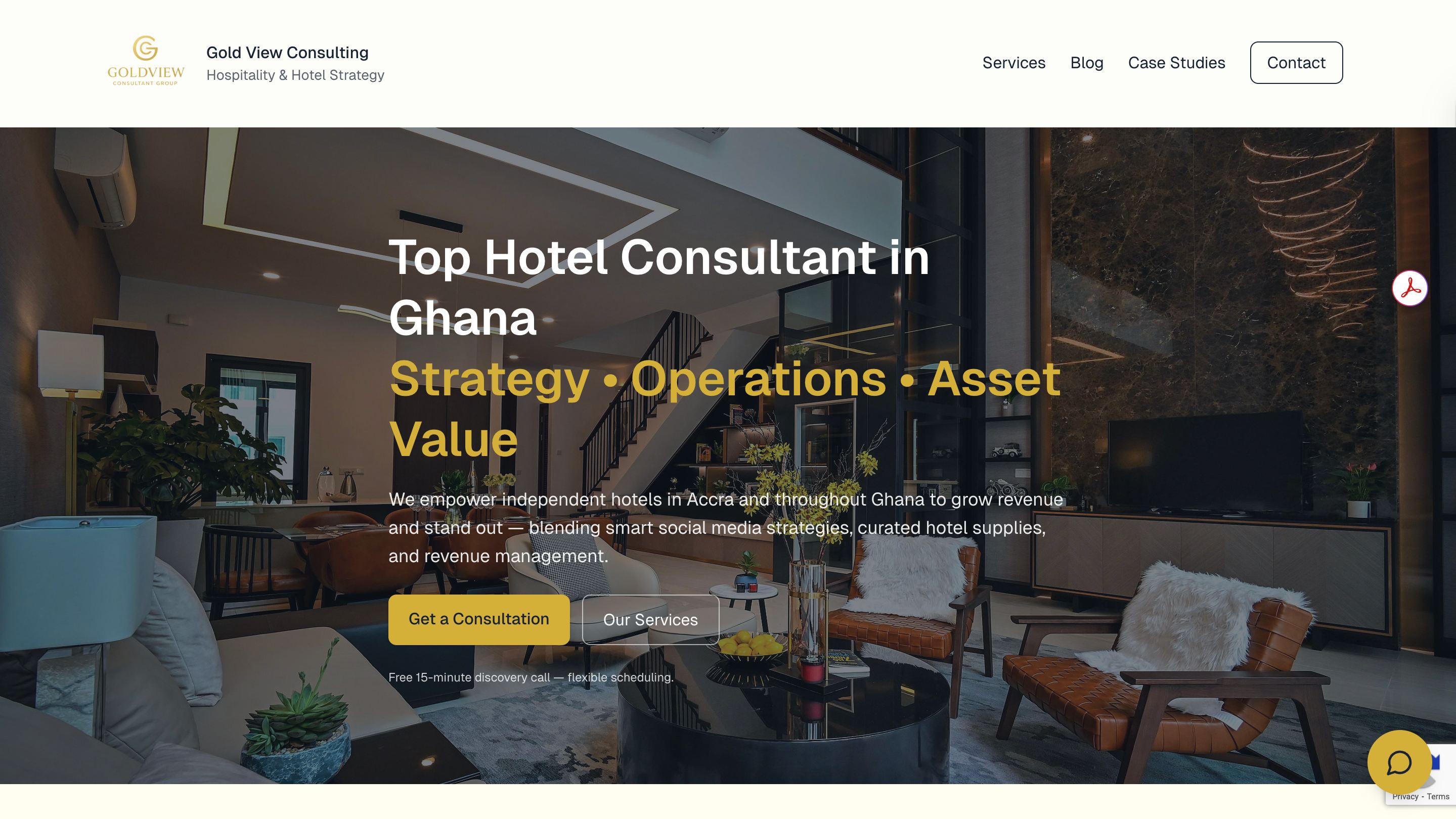 Gold View Consulting website with hospitality services powered by OWLAKE